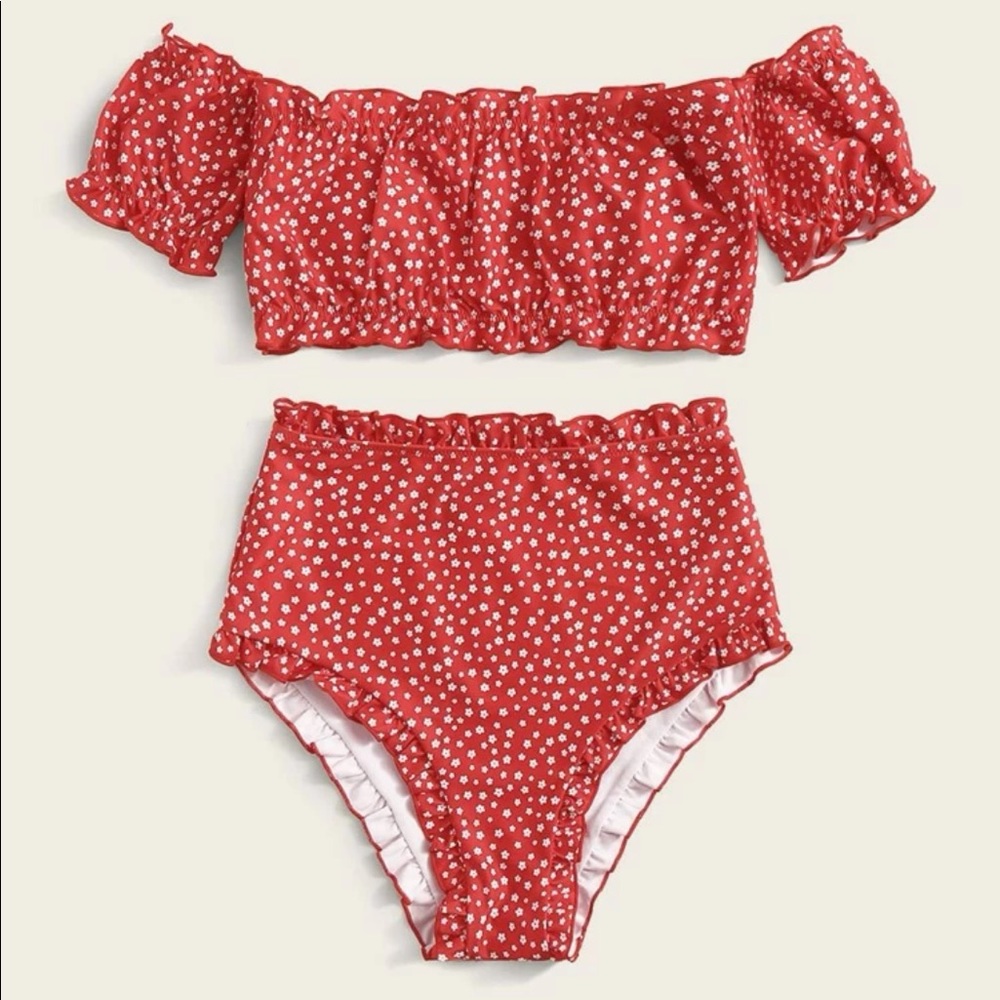 NWOT Ditsy Floral Frill Trim Bardot Bikini Swimsuit